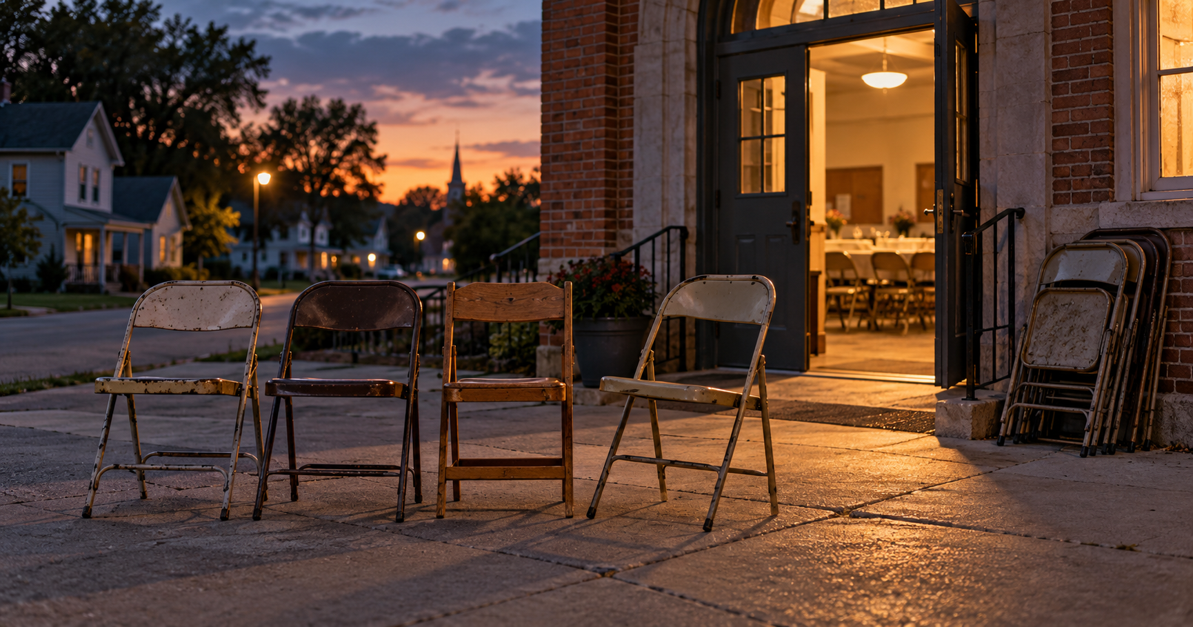 Worn folding chairs outside a warmly lit small-town gathering hall at dusk