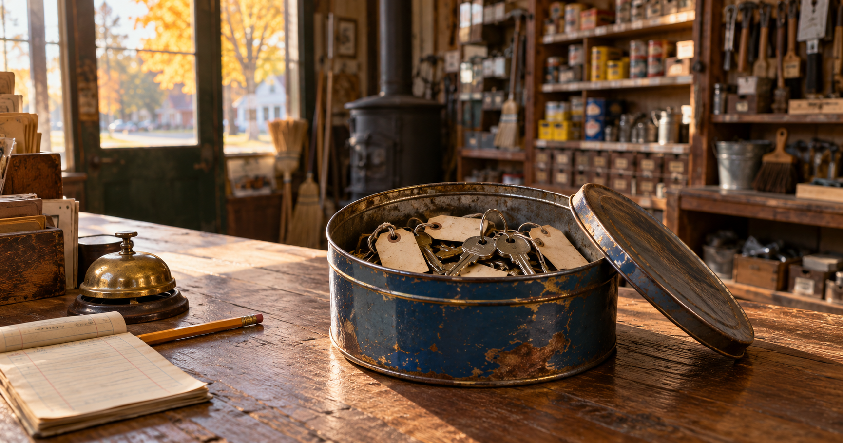 A dented blue tin of tagged spare keys on the worn counter of a small-town hardware store
