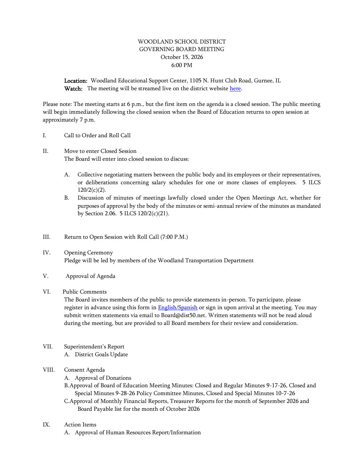 First page of Woodland District 50’s October 15, 2026 board agenda, showing the meeting location and approximate 7 p.m. return to open session